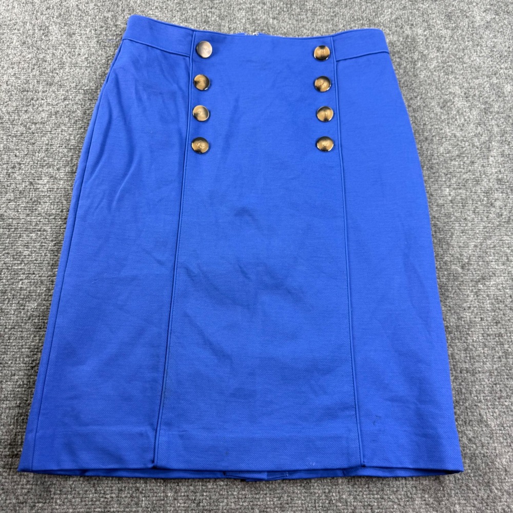 Ann Taylor Pencil Skirt 8P Blue Sailor Button Front Knee Length Women